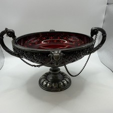 Antique Victorian Silverplate Ram Head Centerpiece Bowl Ruby Red Cut Glass Liner picture