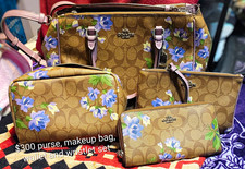 Coach Signature Floral Brown Satchel Set w/ Wristlet Wallet Makeup Bag picture