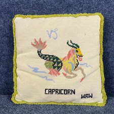 Vintage Capricorn Zodiac Needlepoint Decor Throw Pillow Retro Boho Cottage picture