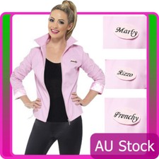 Deluxe 50s Grease Pink Satin Ladies Jacket Badges 1950s Costume Frenchie Rizzo picture