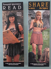 XENA & GABRIELLE SET of 2 BOOKMARKS 1998 VINTAGE VANQUISH IGNORANCE LIBRARY picture