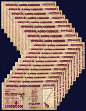 20 x 5 Billion Dollars Zimbabwe Special Agro Cheque Damaged 2008 Authentic + COA picture