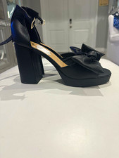 Black Platform Ankle Strap Buckle Block Heel Open Toe Bow Women's 8.5 picture