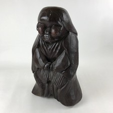 Japanese Solid Wood Statue Billiken Vtg Osaka Symbol Good Luck God Brown BD945 picture