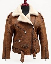Women’s Genuine Shearling Jacket Brown Leather Biker Moto Coat Ivory Fur Collar picture