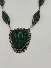 Vintage Mexico Sterling Silver Green Onyx Aztec Mayan Mask Necklace 44.9g picture