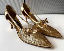 Vintage 1940s 50s Jolene Hollywood High Heeled Shoes Heels Gold Metallic Glitter picture