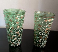Antique Moser Bohemian Green Glass Hand-Enameled Juice Tumblers - Pair (2) picture