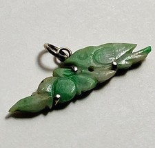 Vintage Jade Pendant Carved Bird & Fruit On Branch, Moss In Snow Green, Dainty picture