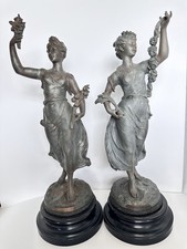 Antique Bruchon Automne Printemps Statues Pair Art Nouveau French 19” 1800s picture
