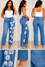 Faded Glory Women’s Straight Leg Medium Wash Denim Jeans Floral Embroidered 12 picture