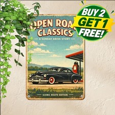 Classic Muscle Car Gas Station Scene Sign Vintage Auto Garage Metal Plaque picture