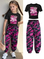Kids Girls 2 Piece Racing Print Crop Tee & Pink Camo Jogger Pants Set Y2K Street picture
