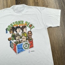Vintage Boston Celtics Shirt Mens L White Best Six Pack Salem 1986 Caricature picture