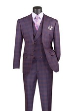 Vinci Men's Modern Fit Glen Plaid Peak Lapel 3-Piece Suit with Vest Purple picture