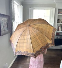 Vintage 70s 80s Christian Dior Umbrella Plaid Paisley Wood Brown picture