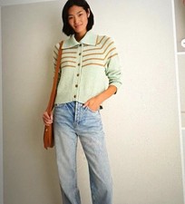 The Great Women's Striped Collared Button-Front Cardigan Sweater Green  picture