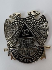 Vtg Masonic 32nd Degree Scottish Rite License Plate Bumper Radiator Badge Metal picture