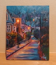 Original Oil Painting 8”x10” on Of Night Street Lights Trees Art By Debra Hurd picture