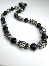 Vendome 22” Black Faceted Glass Cage Bead Rhinestone Necklace, Vintage Signed  picture