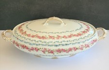 GDA France Haviland Covered Vegetable Bowl Pink Roses Blue Flowers Gold Antique picture