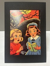 Halloween Owl Girls Spooky Story Print Vintage Style Black Cardboard Frame picture