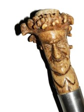 Antique British Hallmarked Silver 1903 Carved Head Folk Art Walking Stick Cane picture