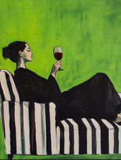 Hand Painted Oil Painting Woman With Red Wine Glass On Striped Sofa Modern Art picture