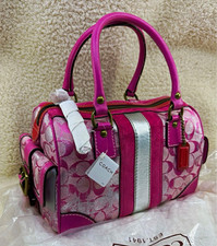 Coach Signature Pink Jacquard Canvas/Leather Satchel, Zip, Pockets picture