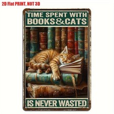 Cat Lover Vintage Metal Tin Sign Time Spent With Books Cats Retro Wall Decor Art picture