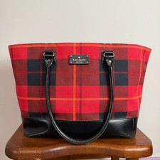 Kate Spade Red Black Tartan Plaid Canvas Leather Large Zip Tote Shoulder Bag picture