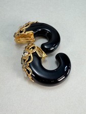 Vintage Inna Cytrine Style Black Lucite Gold Filigree Chunky Clip-On Earrings picture