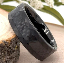 Unique 8mm Black Hammered Finish Tungsten Ring with Carbon Fiber Detail Band picture