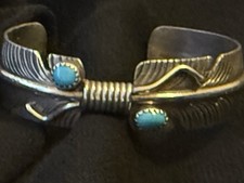 Vintage Navajo Turquoise FEATHER Sterling Silver Bracelet 6.75in picture
