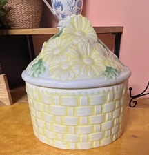 Vintage 1970s Ceramic Yellow Daisy Basketweave Canister Jar picture