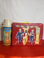 Vintage 1964 Captain Kangaroo red vinyl lunchbox and matching metal thermos set picture