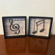 Framed 8x8” Music Note Square Plaques (2). Black Wood & Metal Notes, 3D Effect. picture