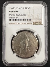 1908-S Philippines Peso NGC Genuine Manila Bay Salvage Shipwreck Silver picture