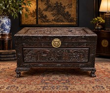 Antique Hand Carved Chest Oriental Camphorwood Storage Blanket Trunk picture