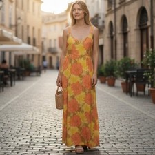 I. Magnin Maxi Dress Womens S Yellow Floral Vtg 60s Psychedelic Mollie Stone picture