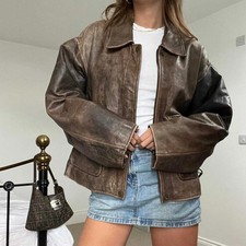 Women's 80s A2 Military Vintage Style Distressed Brown Leather Oversized Jacket picture