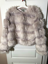 ASOS Gray Faux Fur Short Coat Long Sleeve Hook & Eye Lined Women's Size 14 picture