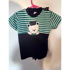 Vintage Healthtex Boys 18M Teddy Bear Applique Striped Romper 90s picture