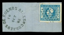 ARGENTINA 1859 Liberty Head  1p blue  Sc# 10 used XF on piece 