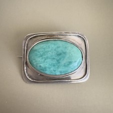 Antique Arts & Crafts Sterling Silver Green Turquoise Shadowbox Brooch Tested picture