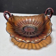 Antique FENTON Carnival Glass Stippled Rays Purple Amethyst Double Handle Bowl picture