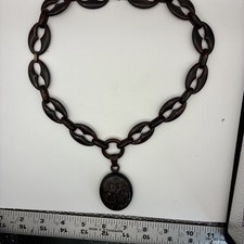Antique Large Tortoise Shell Oval Locket On Carved Tortoise Shell Link Chain picture