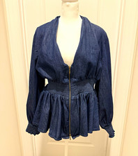 Maeve Women Blue Solid V-Neck Zip Front Smocked Waist Long Sleeve Blouse L picture