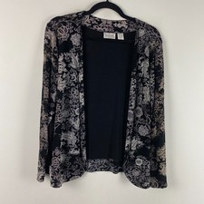 Chicos Travelers Cardigan Jacket Sz 1 US M Slinky Knit Black White Paisley Open picture