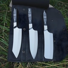 3PCS Hand Forged Kitchen Knife Set High Carbon Steel with Leather Knife Roll Bag picture